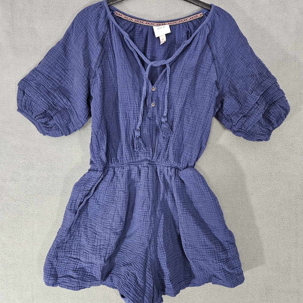 Knox Rose Womens Rumper Jumper Shorts One Piece Size Medium M Crinkle Blue